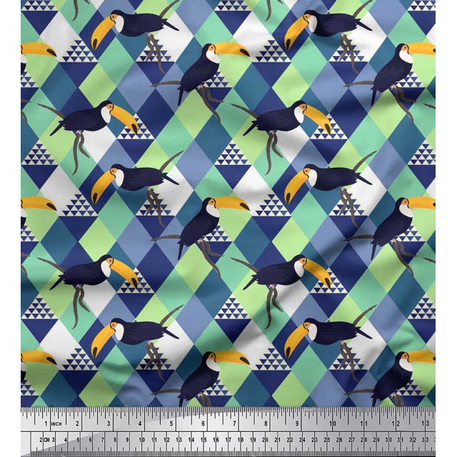 Soimoi Polyester Crepe Fabric Check & Toucan Bird Print Sewing Fabric Yard 42 Inch Wide