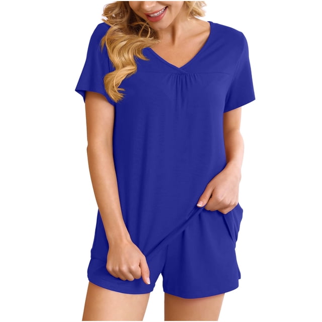 Ensemble de Pyjama d'Intérieur Confortable pour Femmes 2 Pcs, Col en V, Manches Courtes, Ensemble de Sport