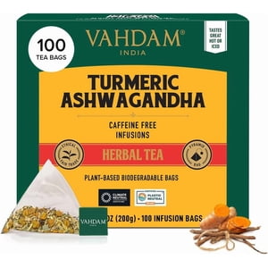 VAHDAM, Turmeric Ashwagandha Sacs à thé à base de plantes100 Sans caféine, non GMO, Sans gluten 100% Mélange de plantes pures - Doucement & Sacs à thé entiers à perte de temps