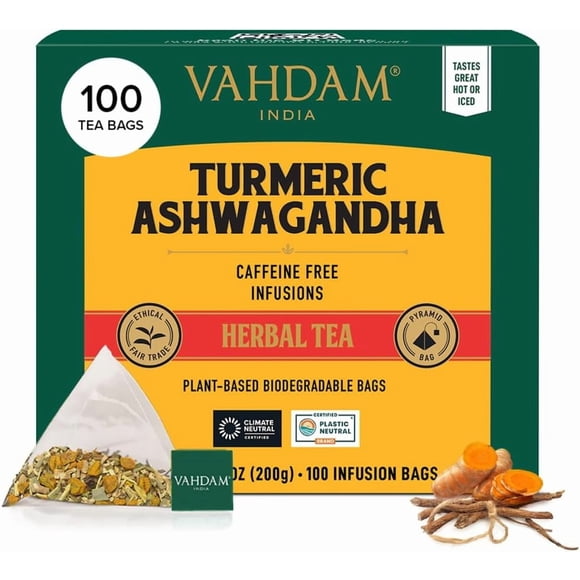 VAHDAM , Sachets de Tisane au Curcuma et à l'Ashwagandha (100 Unités) Sans Caféine, Non OGM, Sans Gluten / Mélange de Tisanes 100 % Pur - Sucré et Terreux / Sachets de Thé Entiers en Feuilles Lâches / Pochette Refermable à Glissière