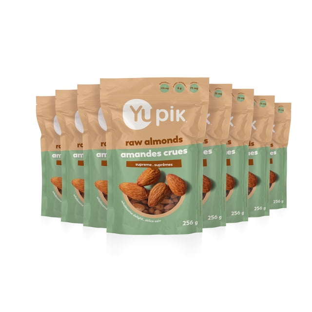Yupik Supreme Raw Almonds, Gluten-Free, Kosher, Healthy Snacks, High-Quality Raw Nuts, Unflavored, Unsalted, Unroasted, Protein Nuts, 8 Count, 256 g. The image shows eight beige and green resealable pouches of Yupik raw almonds, each labeled with nutritional highlights and the weight of 256 g.