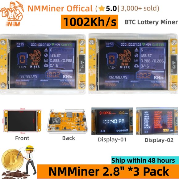 NMMiner 2.8" BTC Solo Miner 1002Kh/s Open Source ESP32 NerdMiner V2 Bitcoin Lottery Mining Crypto Lotto Machine Silent Mini BTC Miner Gift (2 Pack)