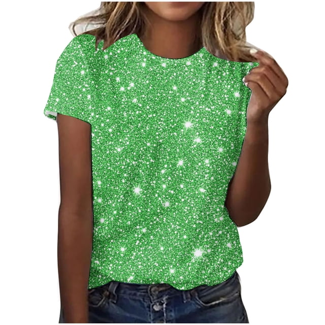 Plebaso T-Shirts de Mode pour Femmes à Imprimé Scintillant, Manches Courtes, T-Shirts Graphiques, Hauts Décontractés à Col Rond
