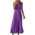 thumbnail image 2 of Ovzne Robes d'Été pour Femmes 2025 Robe de Plage Femmes Été Coton et Lin Couleur Unie Décontractée Col Rabattu Sans Manches Robe à Boutons Robe Grande Taille Liquidation, 2 of 6