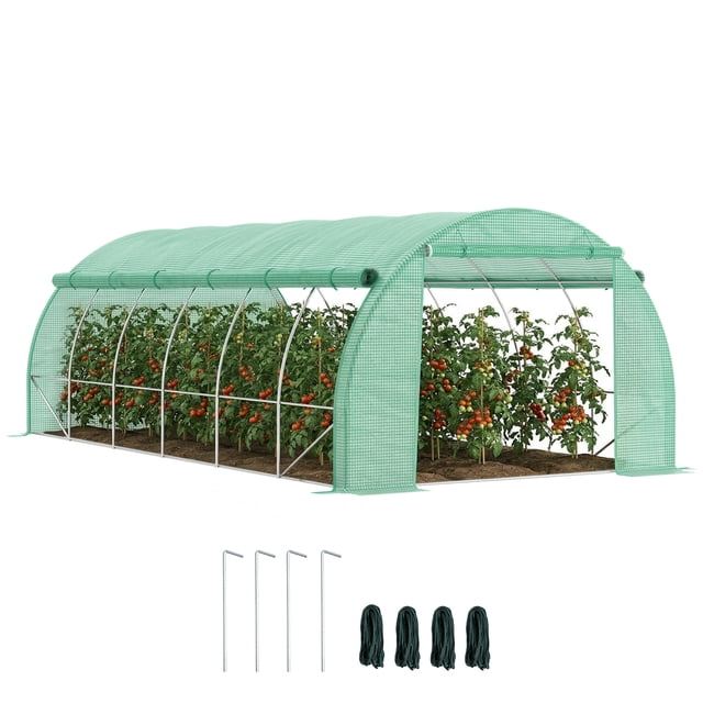 Outsunny Large Walk-in Greenhouse, 20'x10'x6' Tunnel Greenhouse, Green