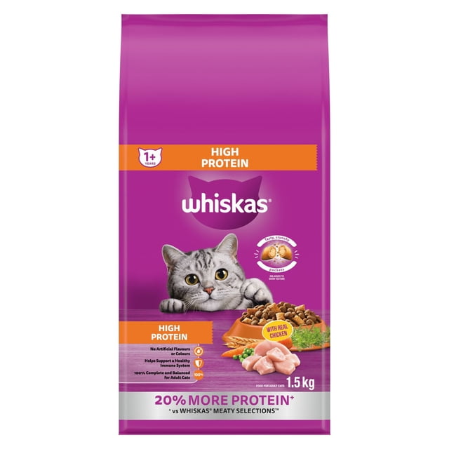 Whiskas Nourriture Sèche pour Chats Riche en Protéines avec Vrai Poulet, Sac de 1,5 kg dans un Emballage Violet avec Mèches orange, Comprenant des Croquettes Croquantes avec des Centres Mous et Carnés et de Vrais Morceaux de Poulet, Formulée pour les Chats Adultes avec 20 % Plus de Protéines Que Whiskas Sélections Carnées.