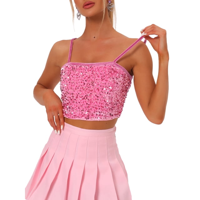 INSPIRE CHIC Women's Sequin Velvet Spaghetti Strap Club Party Crop Cami Top Light Pink S