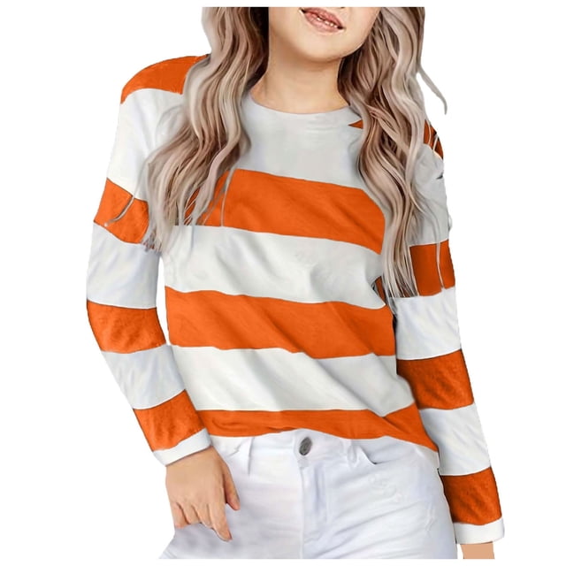 Zanarzt Chandails à Manches Longues Enfants Imprimé Automne Chandail à Manches Longues Col Rond Chemise Chemise Décontractée Hauts Basiques Orange,12-13 Ans