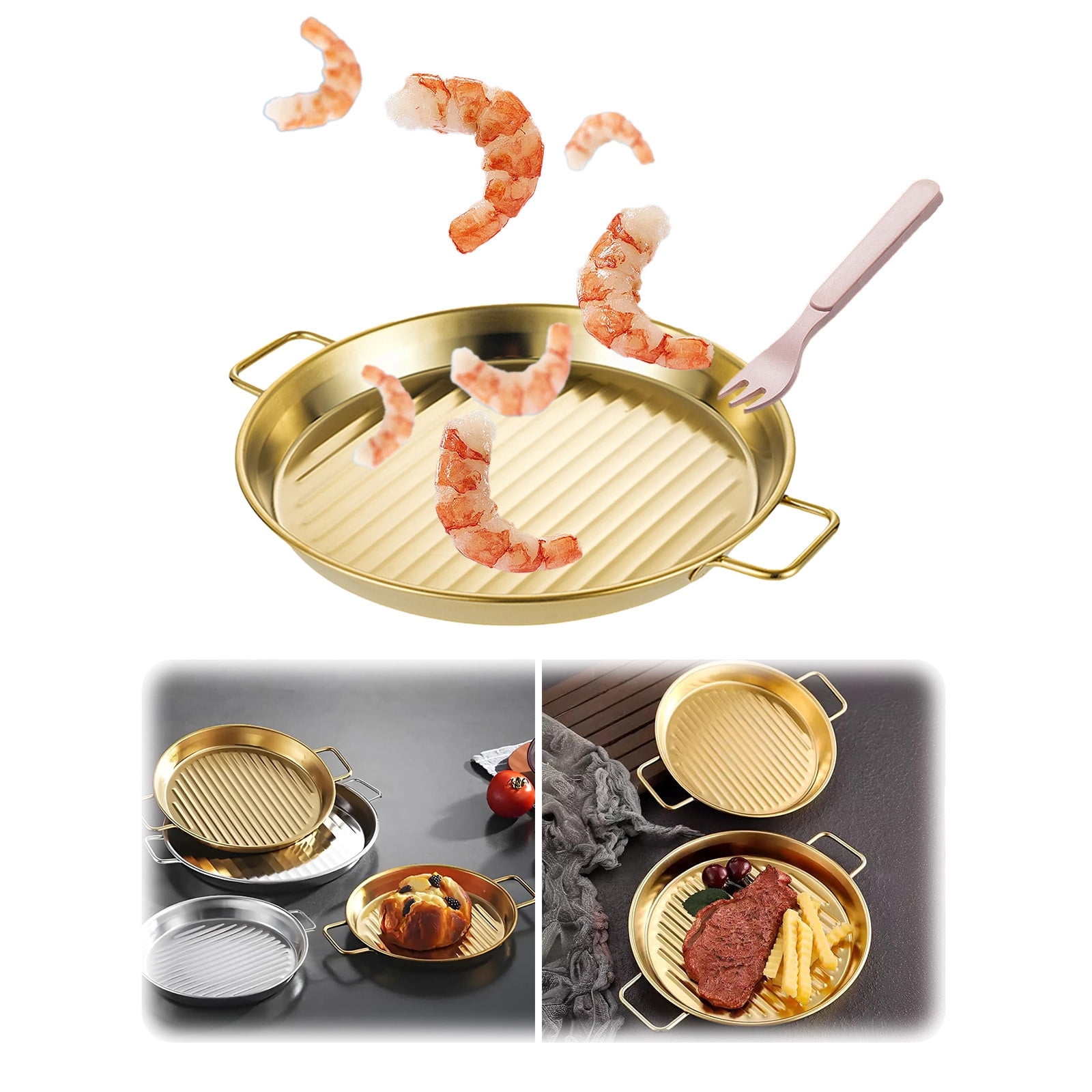 Hbdhejl Plat de Gril Rond en Acier Inoxydable avec Poignée Assiette de Déjeuner Polyvalente Bord Roulé Plaque de Cuisson pour Dessert Cuit Croustilles Poêles