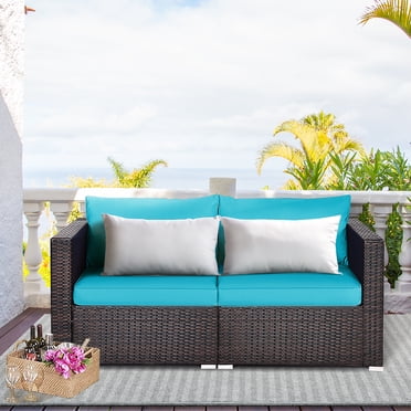 Costway Canapé Sectionnel d'Angle en Rotin pour Patio 2 Pcs Coussin Bleu