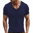 thumbnail image 2 of Txeol Weekly Sale Button Down Linen Shirts for Men Casual Short Sleeve V Neck Tops 2025 Summer Solid Color Lightweight Muscle Tees,Navy,S, 2 of 9