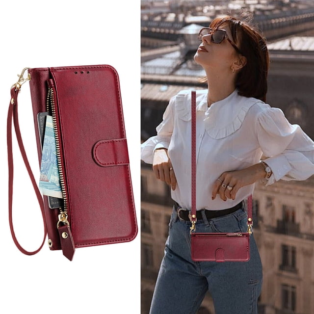 iPhone 15 Plus Case ,Zipper Handbag Wallet Leather Cover with Crossbody Detachable Lanyard Strap