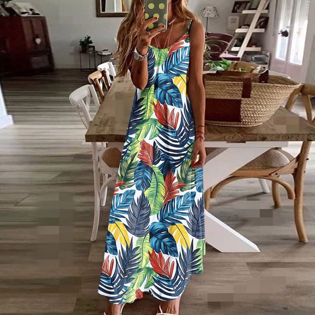 Ovzne Robes pour Femmes Robe de Plage Robes d'Été pour Femmes Imprimé Sans Manches Col Rond Robe Décontractée Longues Robes Robe de Printemps Imprimée Liquidation