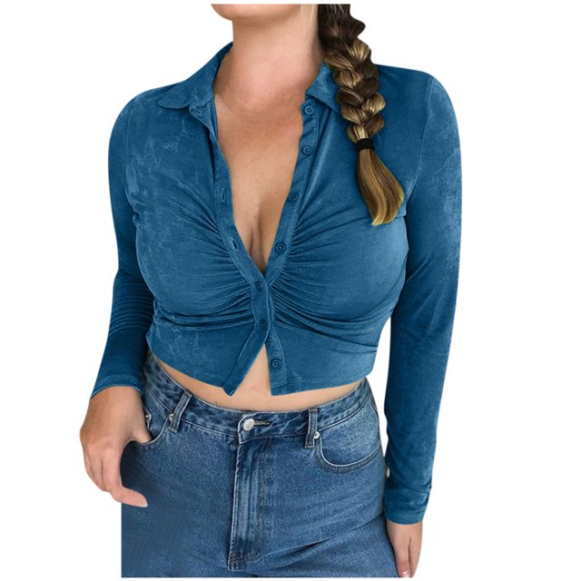 AherBiu Crop Tops for Women Trendy Long Sleeve Ruched Collared Button up Shirts Slim Tight Going out Tops