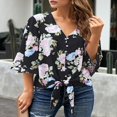 thumbnail image 4 of CHUANK Women‘s Button Down V Neck Tops Ruffled 3/4 Sleeve Tie Knot Front Blouses White Sizes S-2XL, 4 of 6