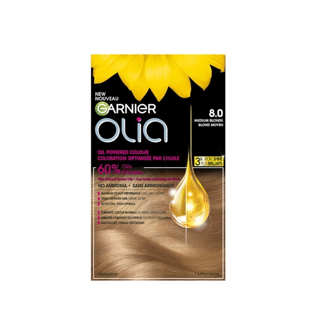 Olia Permanent Hair Dye Ammonia Free by Garnier in 8.0 Medium Blonde, featuring 60% oil blend with natural flower oils for vivid, long-lasting colour and 3X more shine, displayed on black packaging with a yellow flower and golden oil drop over blonde hair strands.