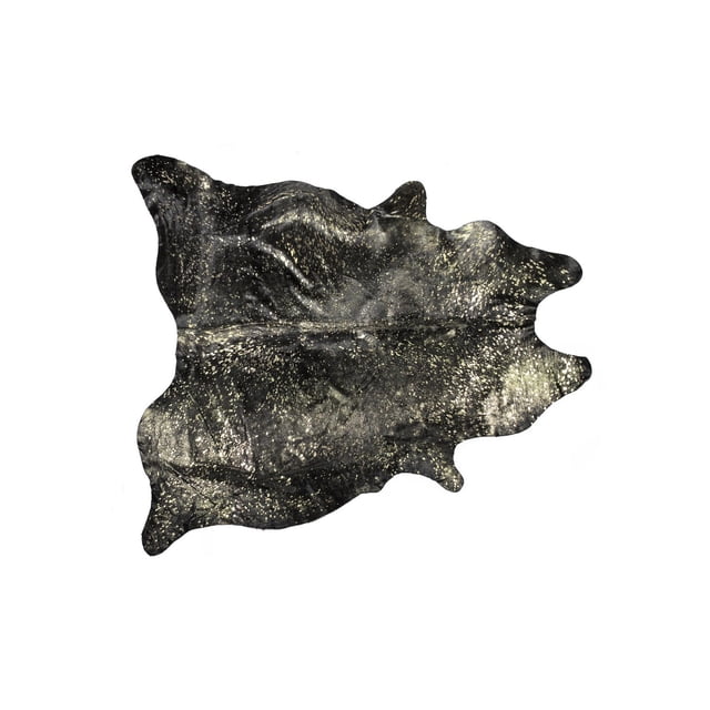 H-Natural Scotland Cowhide Rug 6'X7' with a black and gold speckled pattern, natural cowhide shape, soft low pile texture, and supple sheen, durable and stain-resistant, ideal for high-traffic indoor areas and adding warmth to home décor.