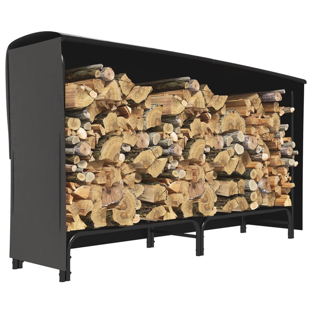 Outsunny 6ft Firewood Rack with Cover Wood Storage Holder in black, a firewood storage solution with a powder-coated steel frame and 600D Oxford fabric cover. The rack is raised 7.5 inches off the ground to prevent moisture damage and holds up to 440 lbs of firewood. Logs are neatly stacked within the spacious 3/5 face cord capacity, shielded from the elements by the durable cover.