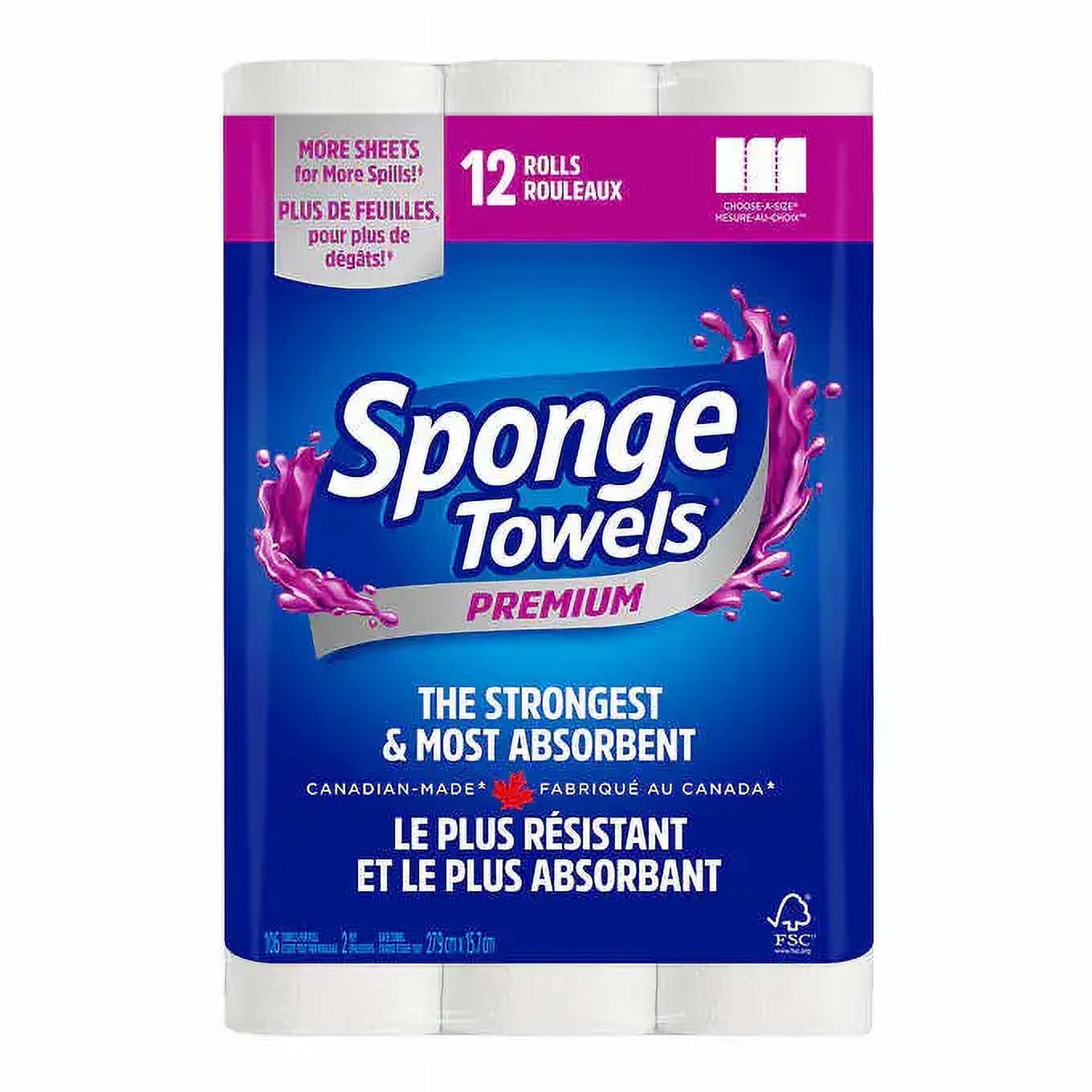 Sponge Towels Premium Paper Towels - 12 Rolls x 106 Sheets, Canadian-Made, FSC Certified