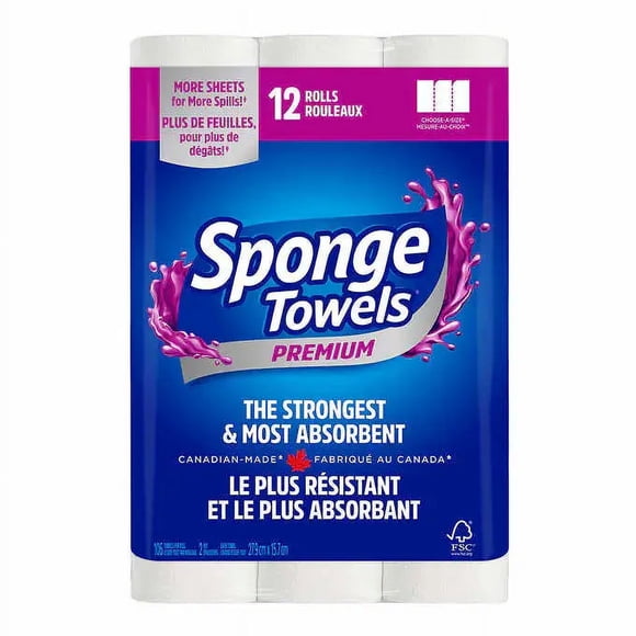 Sponge Towels Premium Paper Towels - 12 Rolls x 106 Sheets, Canadian-Made, FSC Certified