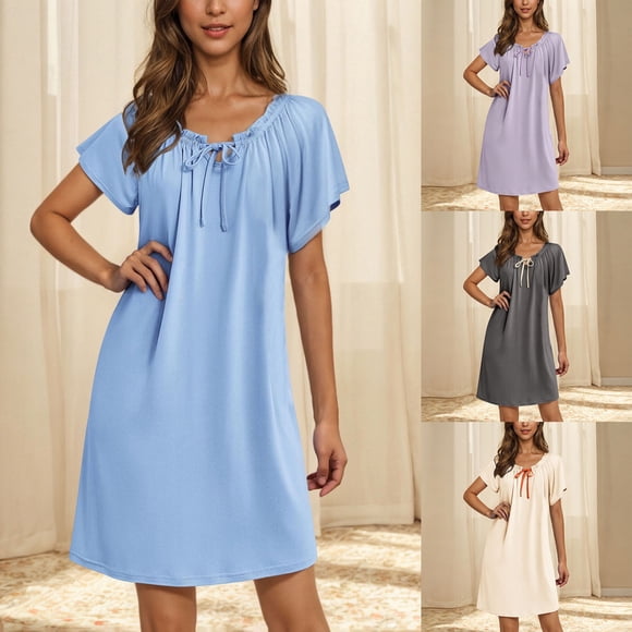 Feancey Nightgowns for Women Cotton Casual Pleated Sleep Shirts Ruffle Short Sleeve Lace up Nightshirts Cozy Soft Sleepwear Ladies Night Dress Dark Gray XL