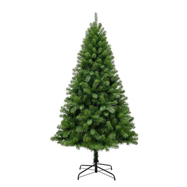 Puleo 6.5ft Dixon Pine Tree with 700 green PVC tips and a full traditional pine shape, supported by a black metal stand with hinged branches for easy assembly, ideal for Christmas decoration and organizing gifts.