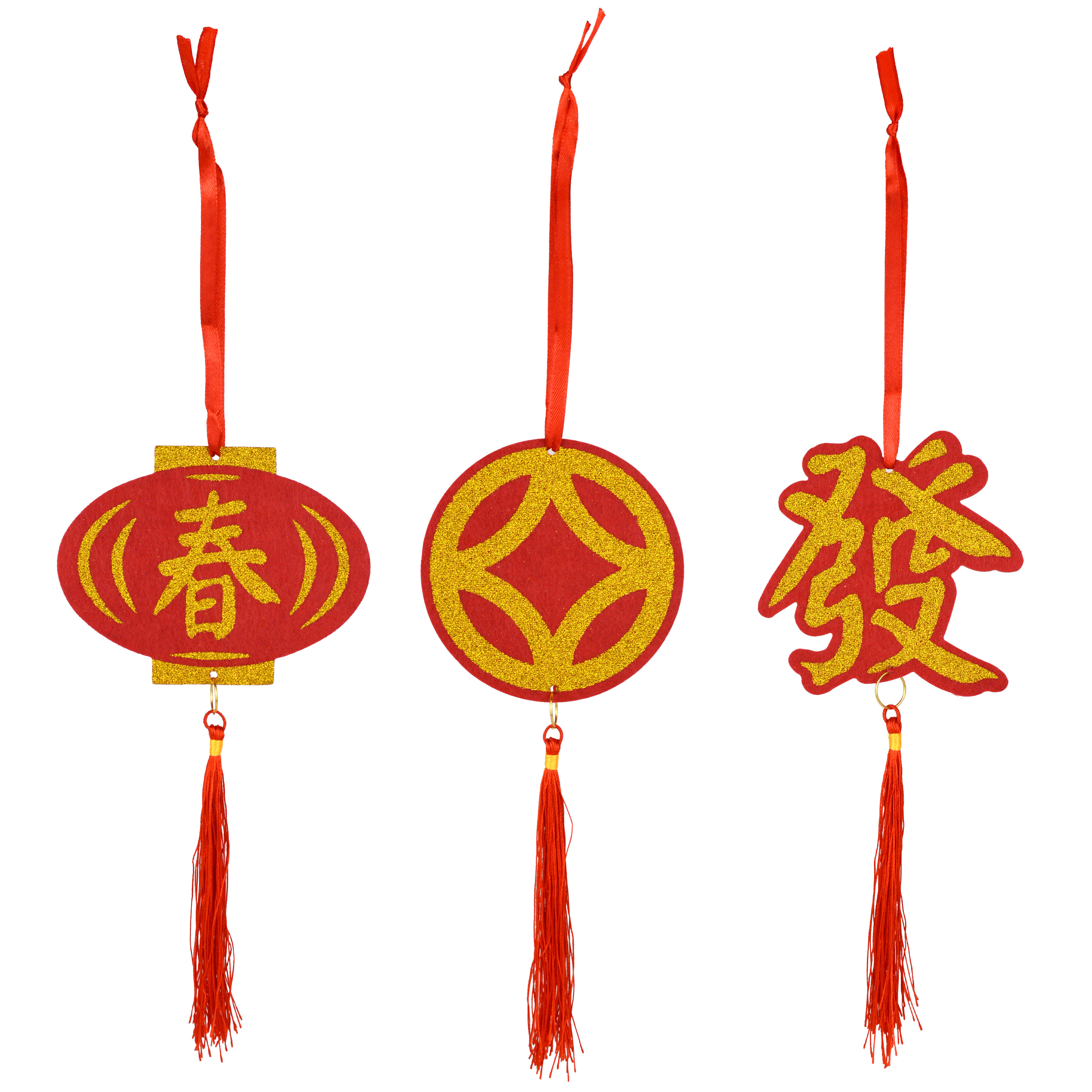Lanterne du Nouvel An chinois, motif de pièces de monnaie, en feutrine, rouge et or, 33 cm (lot de 3), marque : Way To Celebrate, décoration