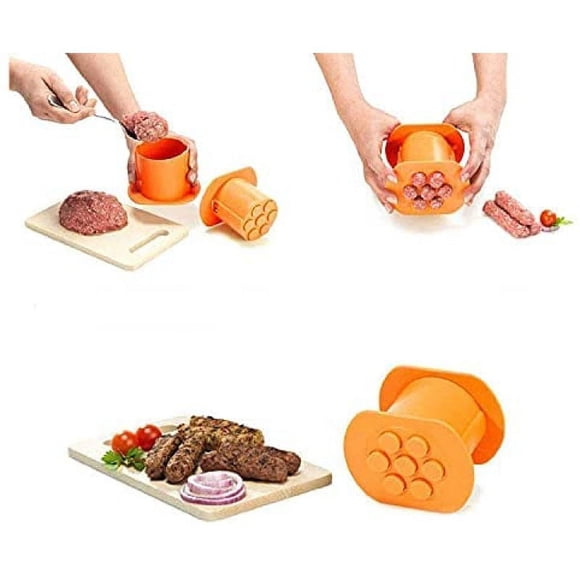 Presse Cevapcici, Fabricant de Hot-Dogs Manuel, Machine à Saucisses avec 7 Trous, Presse-Lames de Viande Maison, Trousse de Remplissage de Viande de Saucisse, Accessoires de Gril Barbecue (Orange)