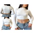 thumbnail image 4 of Blouse Unie à Manches Longues pour Femmes, Crop Top Décontracté à Col Montant, 4 of 5