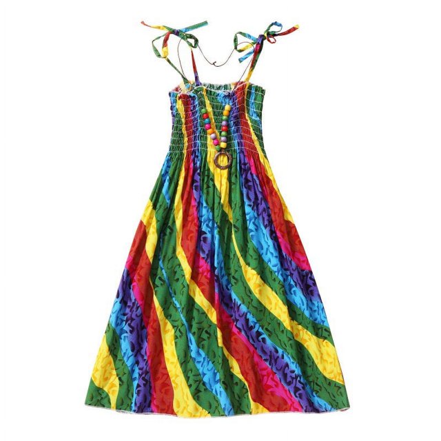 Filles d'Été Robe de Fleurs Enfants Fille Belle Robe Bohème Plage Robes de Coton Sans Manches Arc-en-Ciel Robe de Soleil avec Collier 2-10 Ans