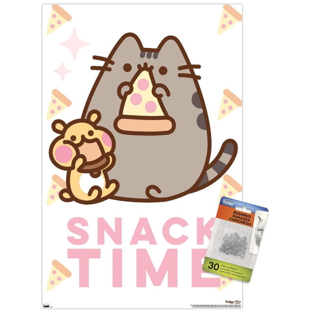 Pusheen - Snack Time Wall Poster, 14.725" x 22.375" Framed featuring cartoon cat Pusheen holding a pizza slice with a small yellow hamster-like character beside her, pink 'SNACK TIME' text below, and scattered pizza slice illustrations on a white background, framed with a lightweight sawtooth hanger, ideal for bedroom or office wall decor.