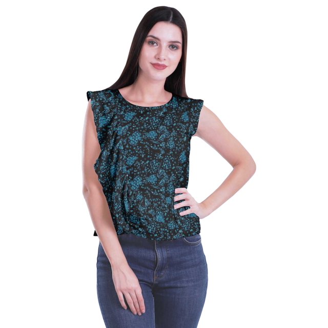 Moomaya Hauts Sans Manches en Jersey de Coton à Volants Femmes Blouse d'Été Imprimée Femmes