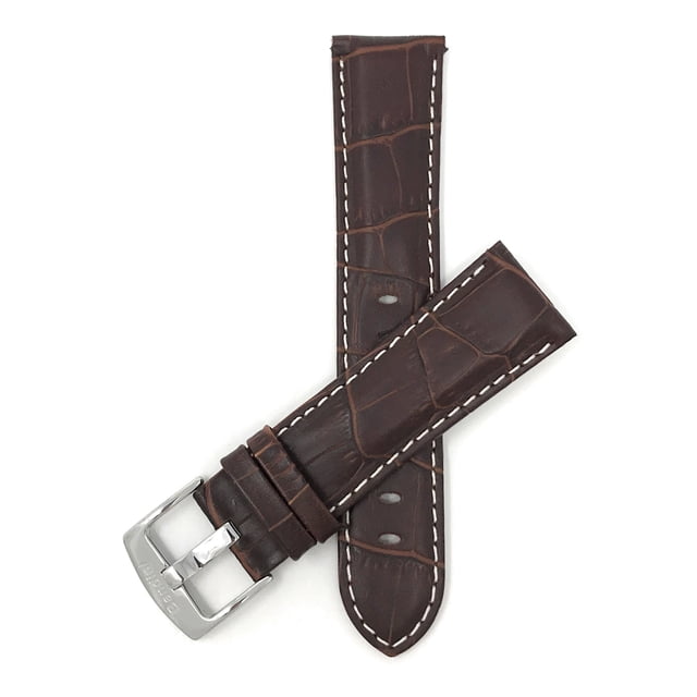 24mm Mens' Alligator Style Leather Watch Strap Band, White Stitching, Stainless Steel Buckle