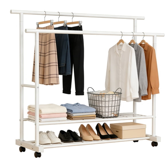 SUSUZI 47" Double Rods Rolling Garment Rack with Wheels, 2-Tier Storage Shelves Heavy Duty Clothing Rack for Hanging Clothes, 180LBS Capacity Metal Rack for Bedroom Rental Home,White