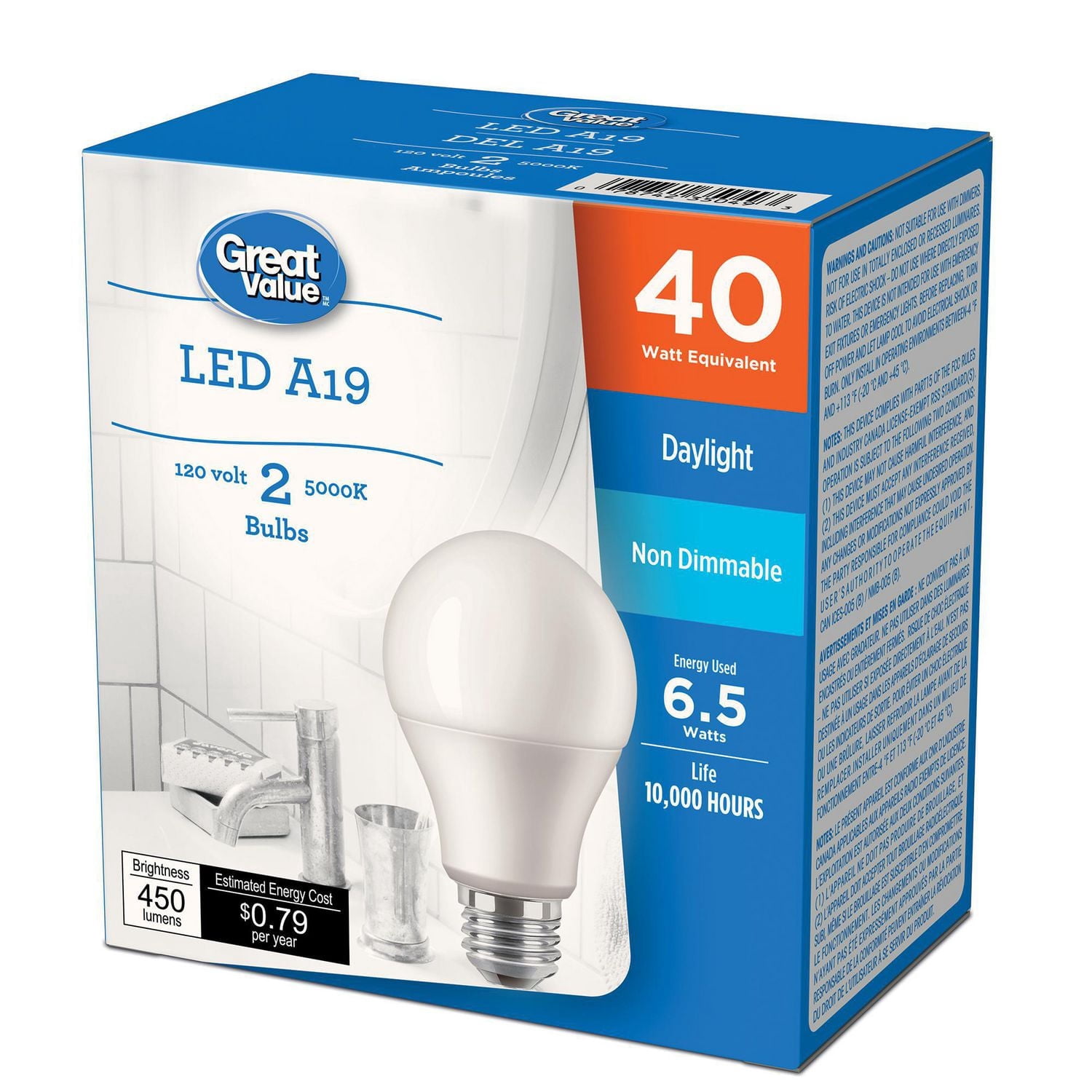 Great Value 40W A19 Daylight LED bulbs 2-pack