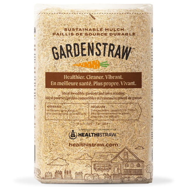 GardenStraw - Paille de Blé de Qualité Supérieure pour Jardin Mulch, 3 Pi3, Emballée dans un Sac Transparent avec texture de Paille visible. l'Étiquette avant Met en Valeur Sa composition Durable, Non OGM et Ses Avantages Tels Que la conservation de l'Eau, la suppression des Mauvaises Herbes et l'Amélioration de la Santé du Sol. Convient aux Jardins, aux Plates-Bandes Surélevées, aux Contenants et aux applications de Semis sur Pelouse. Couvre jusqu'à 100 Pi2 à une Couche de 2-3 Pouces Ou