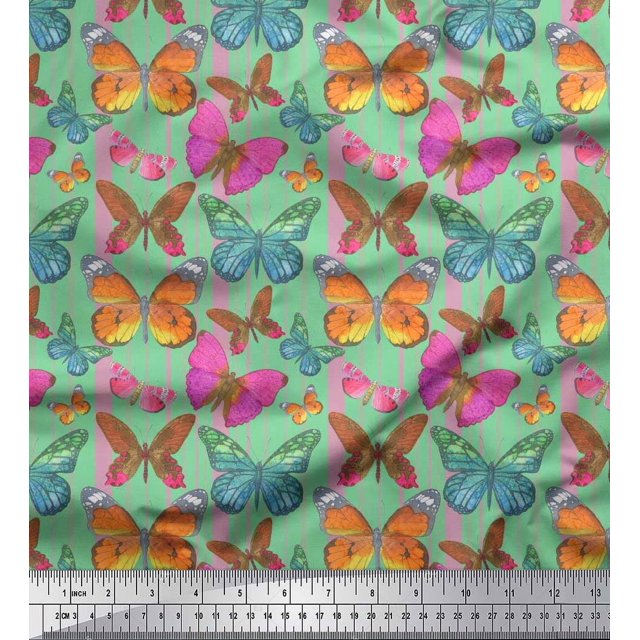 Soimoi Moss Georgette Fabric Stripes & Butterfly Decor Fabric Printed Yard 42 Inch Wide