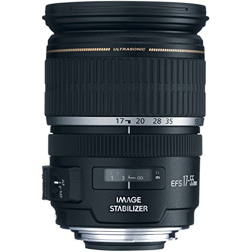 Canon EF-S 17-55mm f/2.8 IS USM Lens featuring a wide-angle zoom range of 17-55mm with a maximum aperture of f/2.8. The lens includes a large circular aperture for shallow depth-of-field effects, UD and aspherical elements for enhanced image quality, and an Image Stabilizer to reduce camera shake. Designed for Canon DSLR cameras, it also features a ring-type USM for fast and quiet autofocus, with full-time manual focus override. The lens measures 3.3 inches in diameter, 4.4 inches in length, and weighs 22.8 ounces.