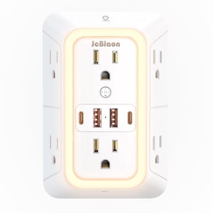 Wall Charger with Night Light, Surge Protector, 6 Outlet Extender with 4 USB Charging Ports (4.8A Total) 3-Sided 1050J Power Strip Multi Plug Adapter Spaced for Home Travel Office