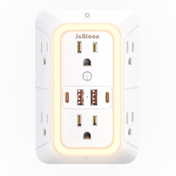 Chargeur Mural avec Veilleuse, Parasurtenseur, Rallonge à 6 Prises avec 4 Ports de Charge USB (4,8 A au Total) Barre d'Alimentation 1050 J à 3 Côtés Adaptateur à Fiche Multiple Espacé pour Maison Voyage Bureau