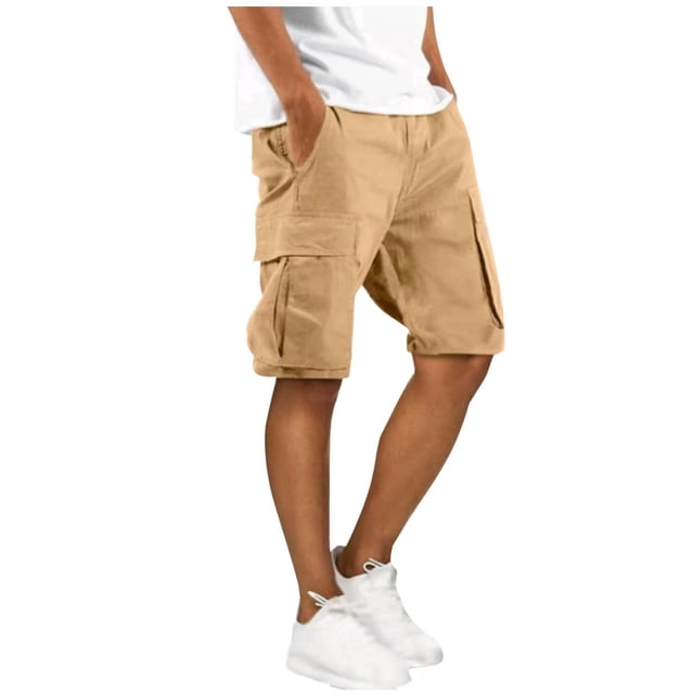 Styesk Mens Shorts Man Solid-Color Loose Casual Multi-Pocket Drawstring Workwear Half Shorts Pants
