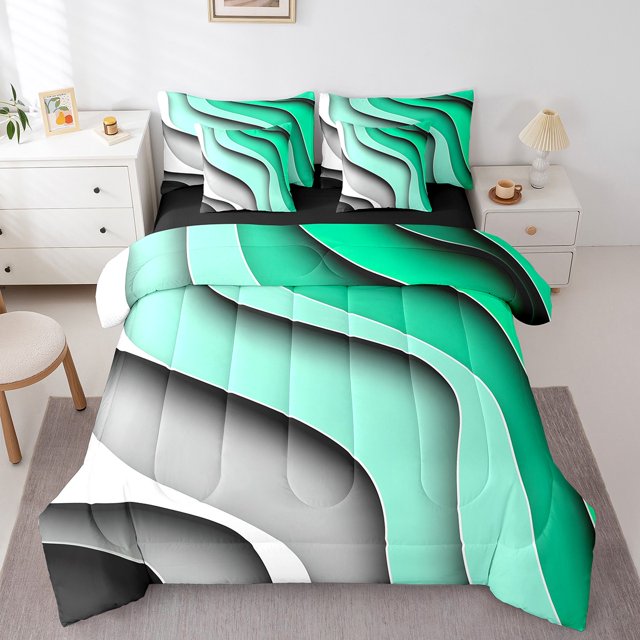 YST Dégradé Vert Sarcelle Gris, Ensemble de Douillette 7 Pcs, Literie à Rayures Géométriques, Format Lit Simple