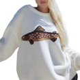 thumbnail image 1 of Chandail pour Femmes à Contraste de Poissons, Manches Longues, Col Rond, Tricot Côtelé, Chandail, Hauts Décontractés d'Automne, Blanc, M, 1 of 7