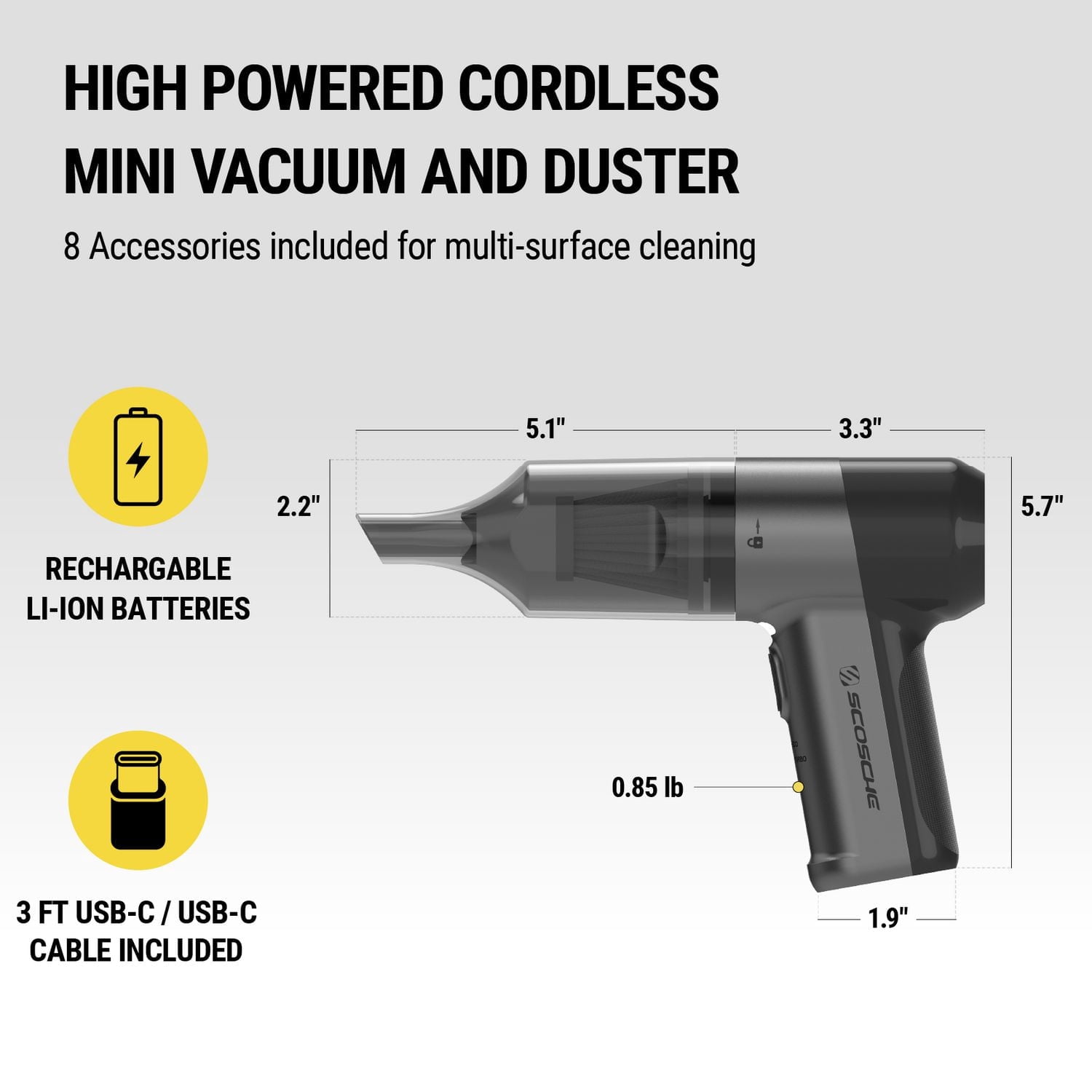 Scosche SCOVAC Mini aspirateur sans fil 4-en-1 de grande puissance, soufflante d’air, pompe à gonfler et dégonfler