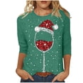 thumbnail image 1 of Hauts d'Été pour Femmes Noël Verre de Vin Rouge Imprimé Col Rond Manches Trois-Quarts T-Shirts Surdimensionnés pour Femmes Vert TTG, 1 of 4