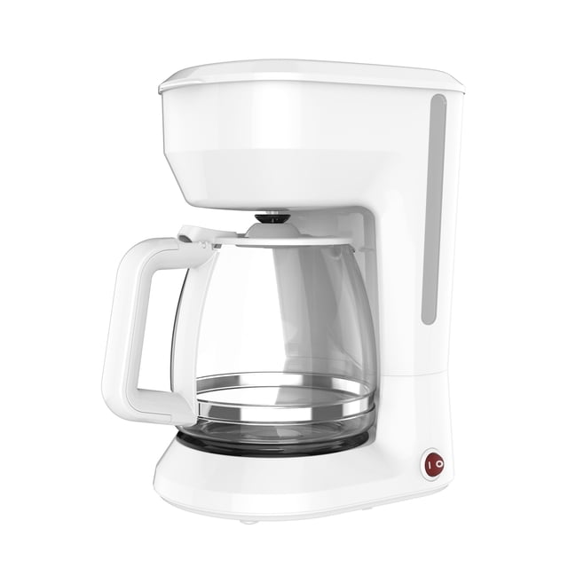 Mainstays 12 Cup Drip Coffee Maker in white with a clear glass carafe and white handle, featuring a removable filter basket, water level indicator, and red power switch, suitable for brewing up to 12 cups (1.8L) of coffee with an auto keep warm function.