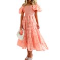 thumbnail image 1 of Faithtur Femmes Été Décontracté une Ligne Robe Courte Manches Bouffantes sur l'Épaule Midi Plaid Robe, 1 of 4