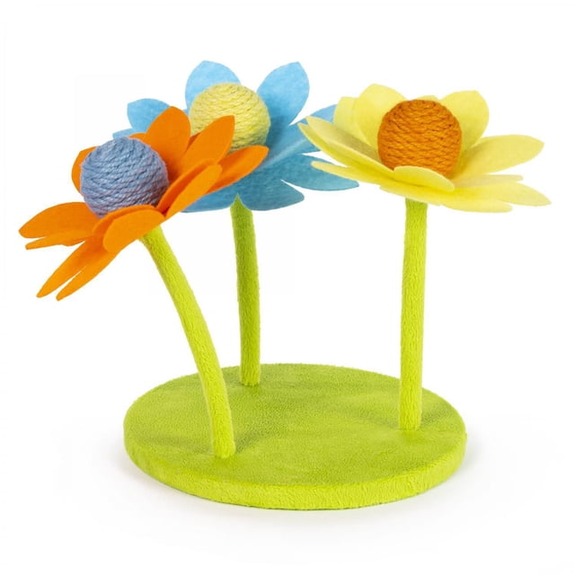 Prevue Pet Play n Sway Cat Toy with three spring-loaded stems topped with fabric and jute flowers in orange, blue, and yellow on a green round base, designed as an interactive catnip toy that sways and bends during play.