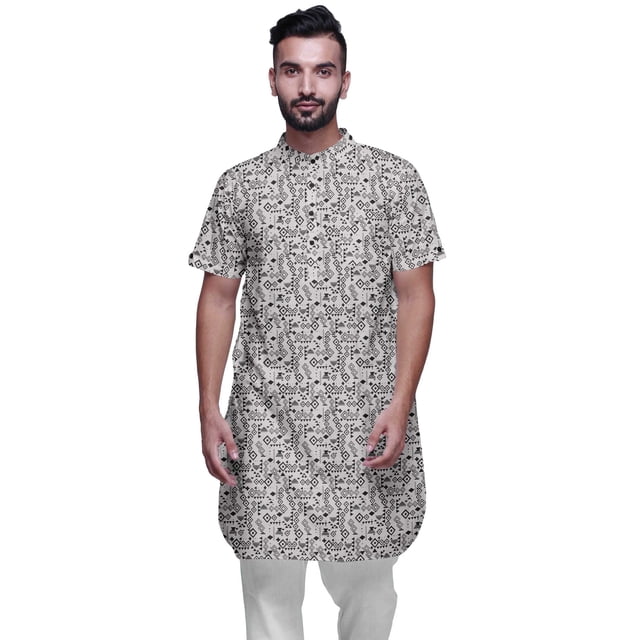 Atasi Kurta Imprimé pour Hommes Col Mandarin Chemise Kurta Décontractée en Batiste de Coton