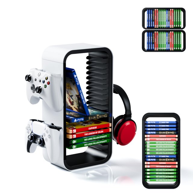 Tour de Rangement Universelle pour Jeux Pro - pour jusqu'à 18 Jeux - avec Support de Manette pour jusqu'à 4 Manettes - Accessoires de Jeu pour PS5 PS4 PS3 Xbox X/S/One Switch 1 + 2 Switch OLED Blu-ray